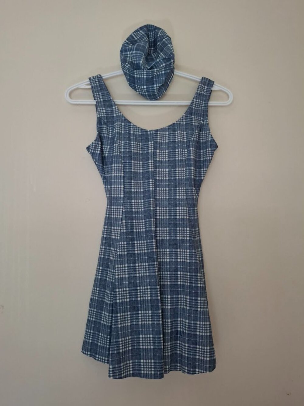 Vintage 90s denim-print one-piece skirted swimsuit with swim cap, US size S